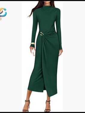 Long Sleeve Bodycon Midi Dress Mock Neck Cocktail Wedding Guest